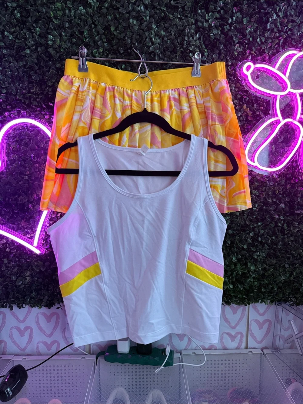 Tennis Set: (L)White Tank w/ Pink & Yellow Accent + (M)Yellow Tennis Swirl Skort